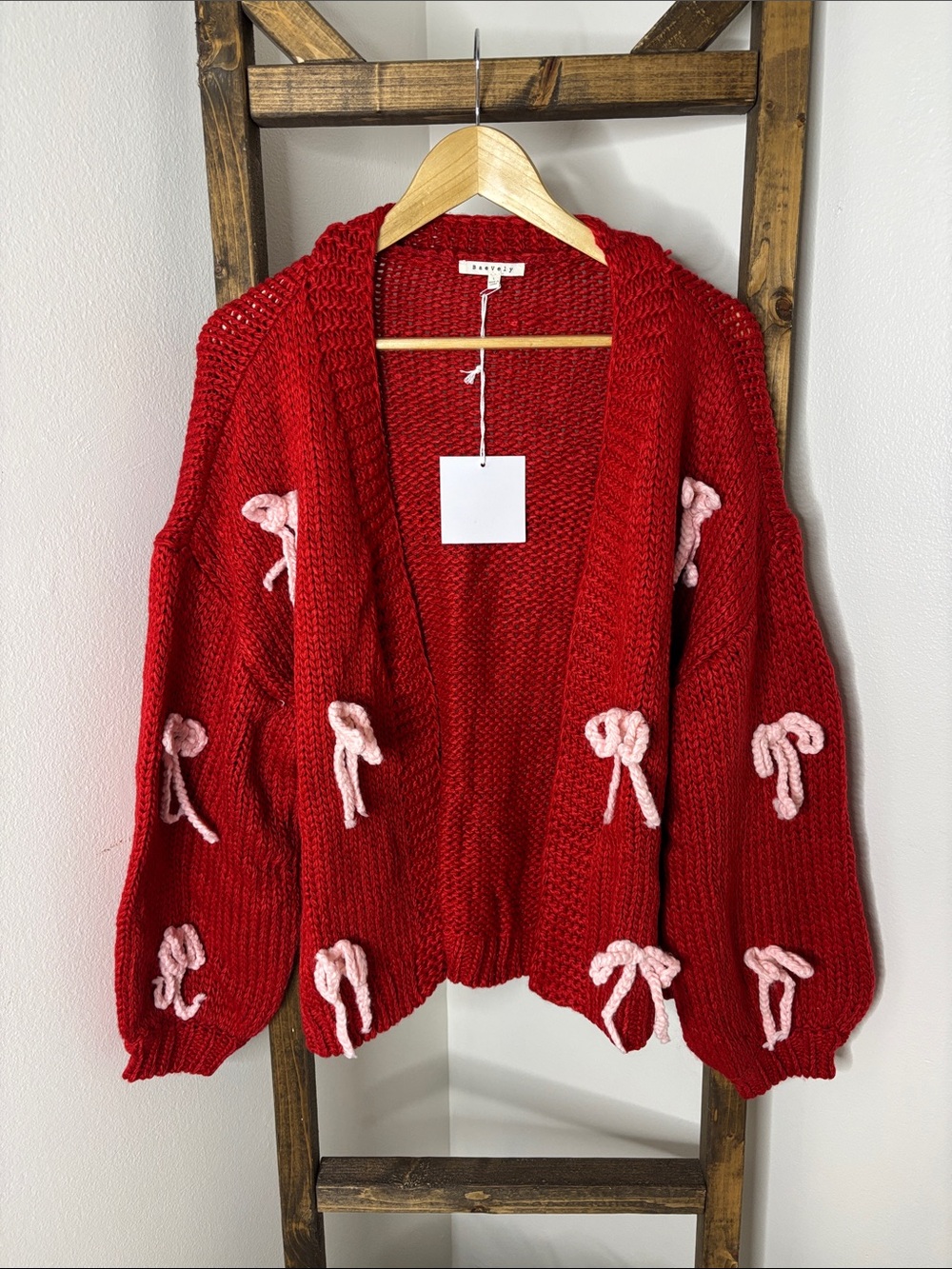 Baevely Cozy Red Open-Front Cardigan with Pink Bow Accents Size L